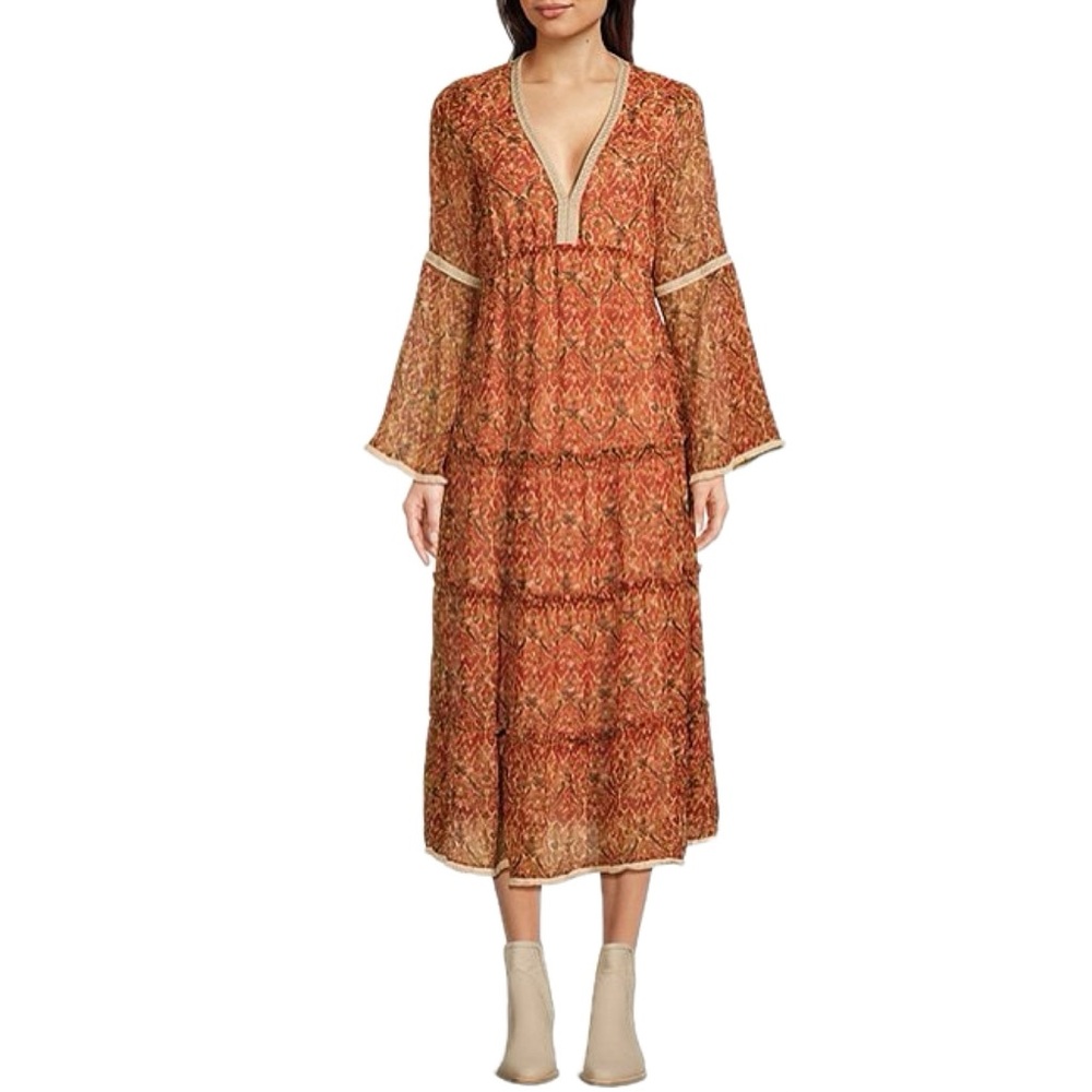 Talisman Bohemian V-Neck Tiered Midi Dress in Rust Size M